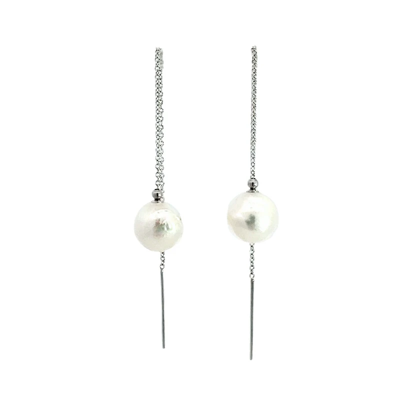 14K White Gold 9mm Cultured Pearl "Threader" Earring