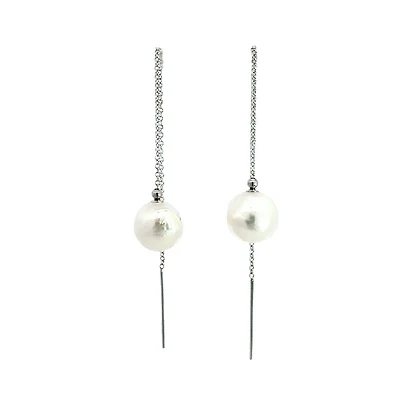 14K White Gold 9mm Cultured Pearl "Threader" Earring