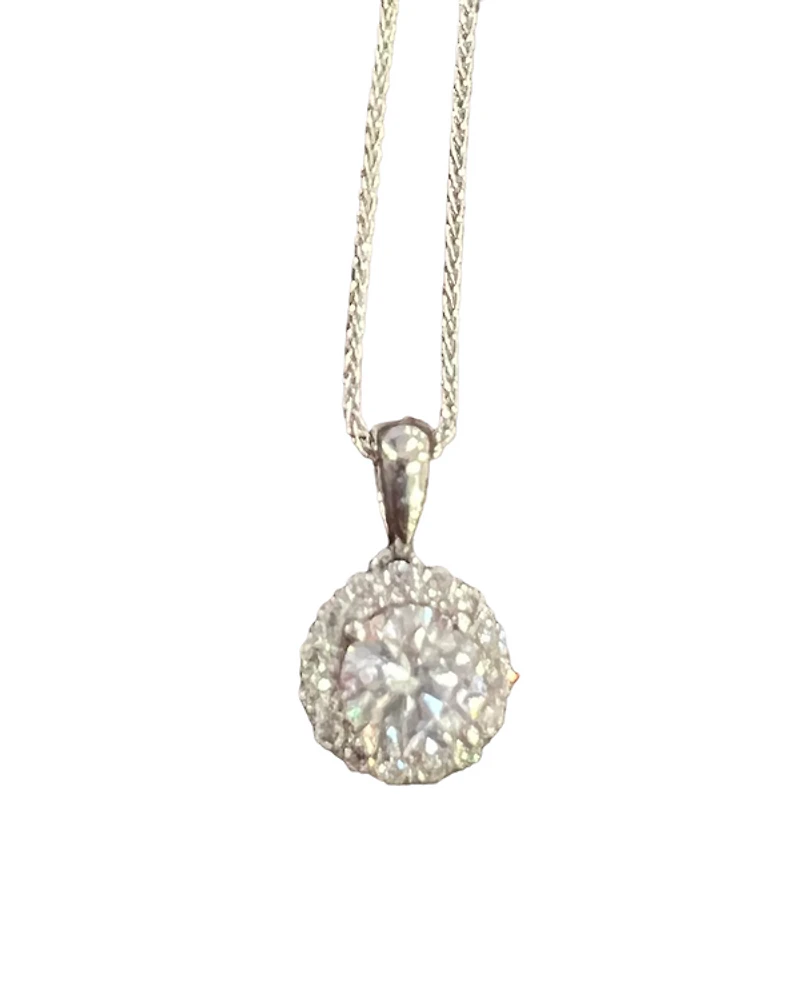 14K White Gold 0.86cttw Lab Grown Diamond Halo Necklace with Wheat Chain