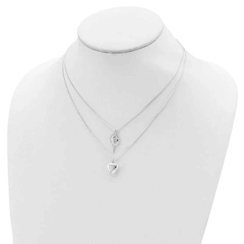 Sterling Silver 2-Strand Heart and Key Necklace - 18"