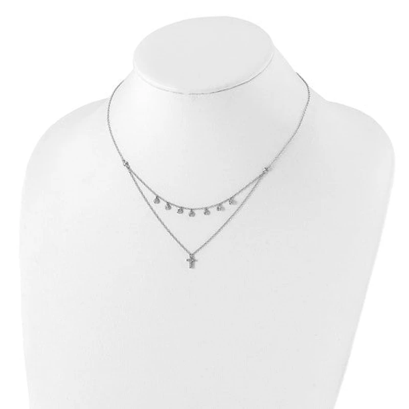 Sterling Silver Rhodium-plated CZ Cross with 2in ext. Necklace - 16-18"