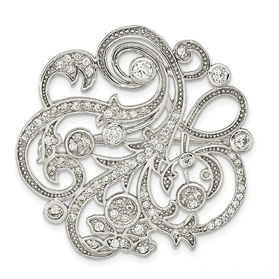 Sterling Silver Polished Cubic Zirconia Filigree Floral Vintage Style Pin Brooch