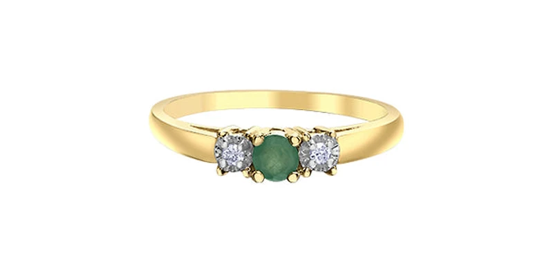 10K Yellow Gold Emerald and Diamond 3 Stone Ring - Size 6
