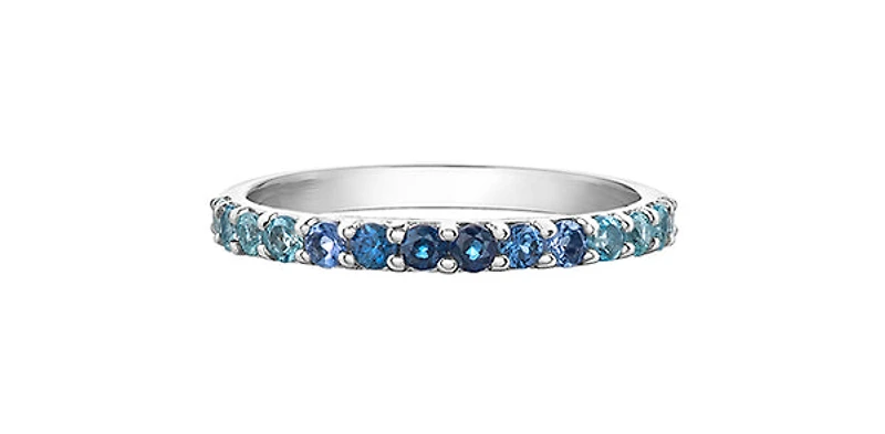 10K White Gold Genuine 2mm White Zircon, Aquamarine, Blue Zircon, Blue Topaz, Tanzanite, Ceylon Sapphire and Sapphire Gemstone Ring, size 6.5 - 4.5