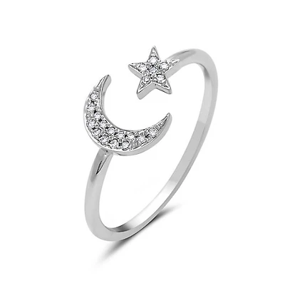 14K White Gold 0.05cttw Diamond Moon & Star Ring, size 6.5