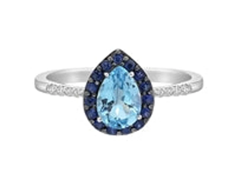 10K White Gold 7x5mm Pear Cut Sky Blue Topaz with Blue Sapphire Halo and 0.10cttw Diamond Ring - 4.5