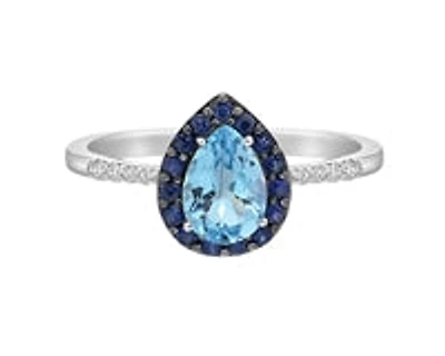 10K White Gold 7x5mm Pear Cut Sky Blue Topaz with Blue Sapphire Halo and 0.10cttw Diamond Ring - 4.5