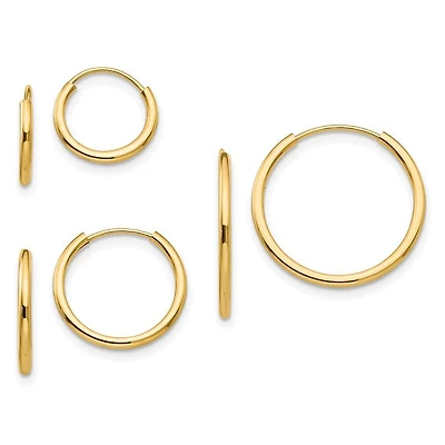 14k Polished Endless Hoop / Huggie / Sleeper 3 Pair Earring Set