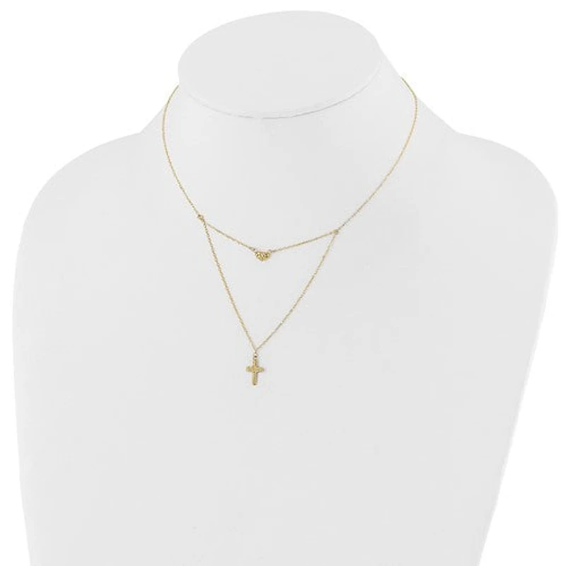 14k Polished 2-Strand Diamond Cut Cross and Heart with 2in. Ext. Necklace - 16-18 Inches