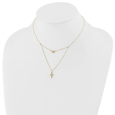14k Polished 2-Strand Diamond Cut Cross and Heart with 2in. Ext. Necklace - 16-18 Inches