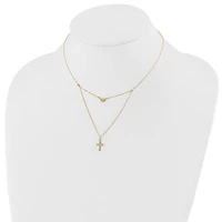 14k Polished 2-Strand Diamond Cut Cross and Heart with 2in. Ext. Necklace - 16-18 Inches