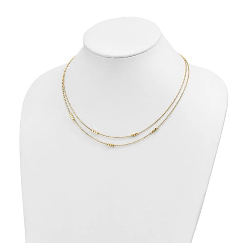 14K Polished D/C Beaded Double Strand with 1 inch ext. Necklace - 17-18 Inches