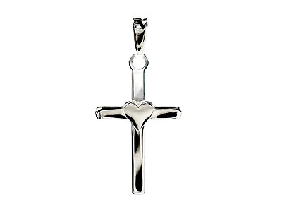 925 Sterling Silver 25mm x 15mm Flat Cross Charm with a Heart Center