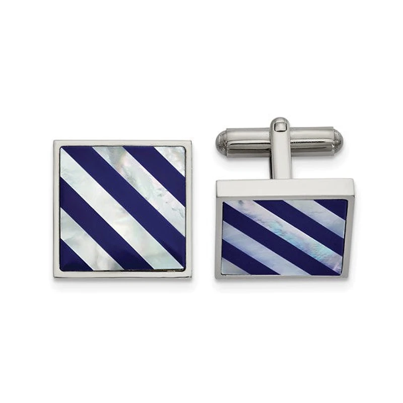 Stainless Steel Polished with Mother of Pearl and Blue Shell Inlay Cufflinks