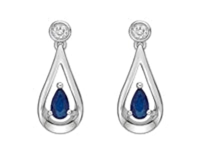 10K White Gold 0.70cttw Genuine Sapphire and 0.08cttw Diamond Dangle Earrings