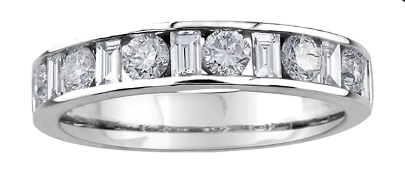 14K White Gold Baguette and Round Brilliant Cut Channel Set Diamond Band