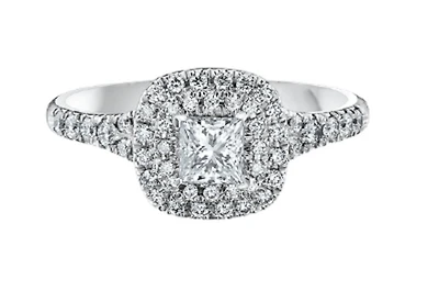 18K White Gold/Palladium Alloy (hypoallergenic) 0.91cttw Princess Double Halo Diamond Ring - Gold /
