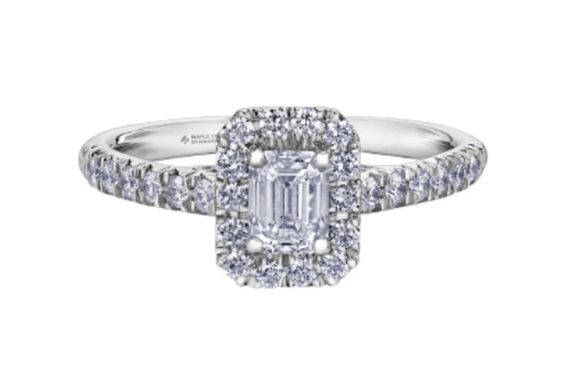 18K White Gold/Palladium Alloy (hypoallergenic) 1.00cttw Emerald Cut Halo Diamond Ring - Gold /