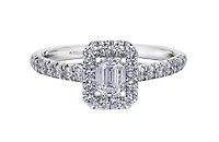 18K White Gold/Palladium Alloy (hypoallergenic) 1.00cttw Emerald Cut Halo Diamond Ring - Gold /