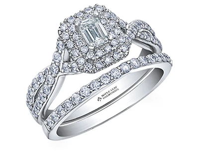 18K White Gold/Palladium Alloy (hypoallergenic) 1.00cttw Emerald Cut Double Halo Diamond Ring - Gold /