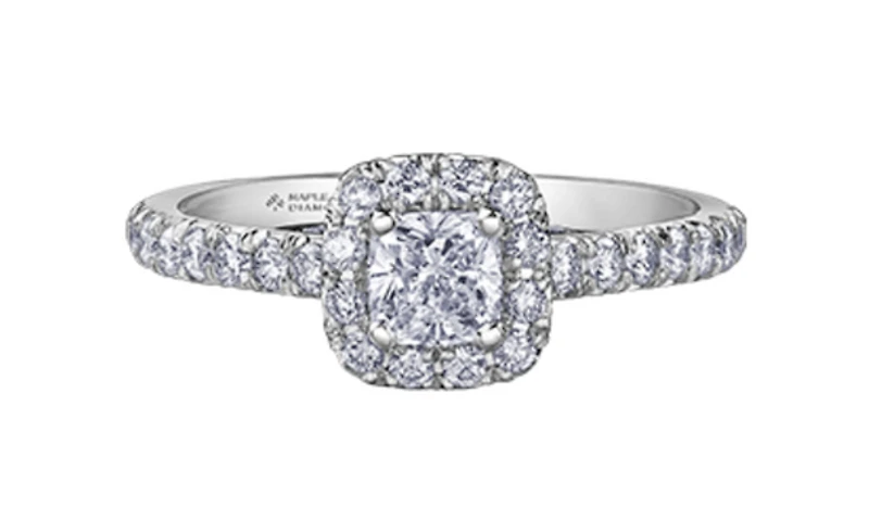 18K White Gold/Palladium Alloy (hypoallergenic) 1.00cttw Cushion Shape Halo Diamond Ring - Gold /