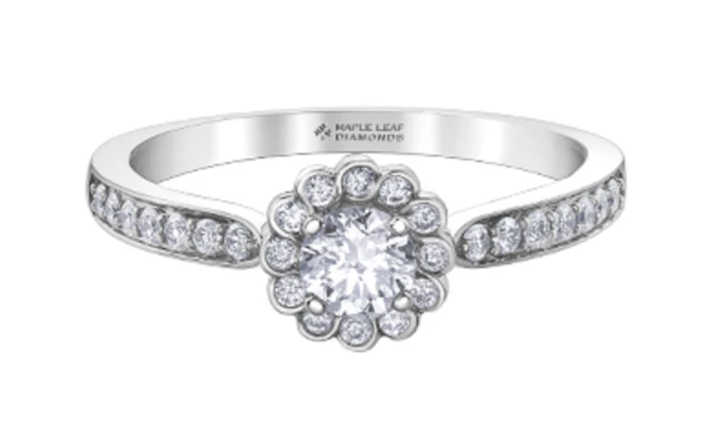 18K White Gold/Palladium Alloy (hypoallergenic) 0.60cttw Round Brilliant Diamond Halo Ring - Gold