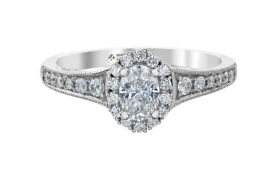 18K White Gold/Palladium Alloy (hypoallergenic) 0.90cttw Oval Shape Diamond Halo Ring - Gold /