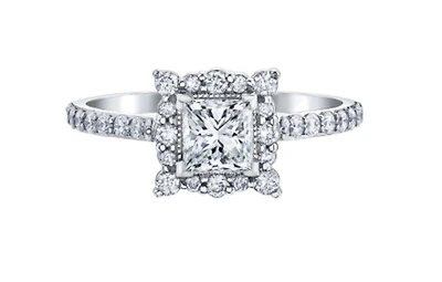 18K White Gold/Palladium Alloy (hypoallergenic) Princess Cut Halo Diamond Ring - Carat Total