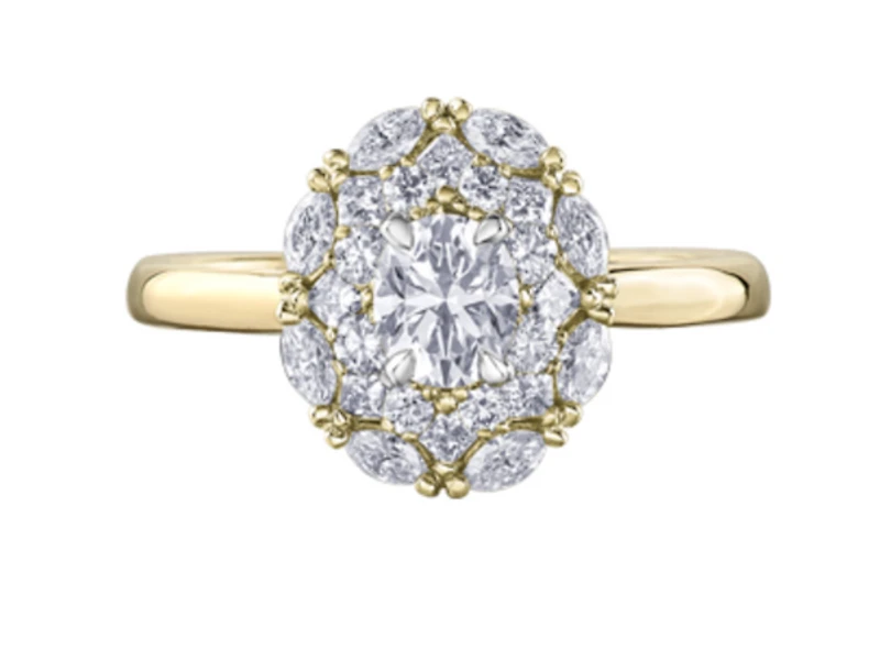 18K Yellow Gold/Palladium Alloy (hypoallergenic) 1.18cttw Round Brilliant Halo Diamond Ring