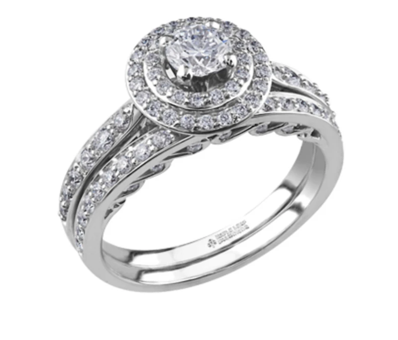 18K White Gold/Palladium Alloy (hypoallergenic) 0.90cttw Round Brilliant Double Halo Diamond Ring