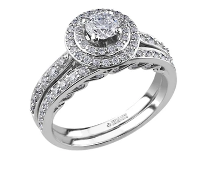18K White Gold/Palladium Alloy (hypoallergenic) 0.90cttw Round Brilliant Double Halo Diamond Ring