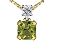 14K Yellow Gold Cushion Cut Peridot & 0.08cttw Canadian Diamond Pendant, 18" Box Chain