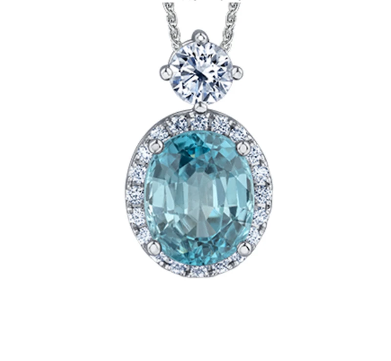 18K White Gold & Palladium Alloy(hypoallergenic) 12X10mm Genuine Oval Cut Blue Zircon and 1.04cttw Diamond Pendant