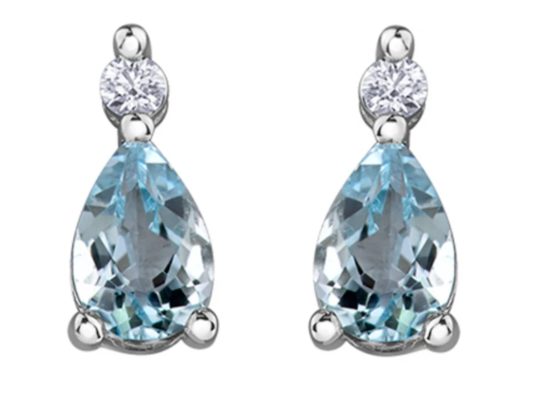 14K White Gold Pear Shape Aquamarine and 0.04cttw Diamond Stud Earrings