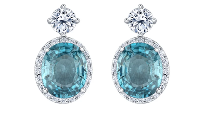 18K White Gold & Palladium Alloy(hypoallergenic) 12mmX10mm Genuine Oval Cut Blue Zircon and 2.08cttw Diamond Dangle Earrings