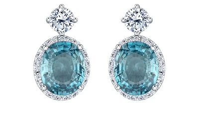 18K White Gold & Palladium Alloy(hypoallergenic) 12mmX10mm Genuine Oval Cut Blue Zircon and 2.08cttw Diamond Dangle Earrings
