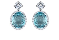 18K White Gold & Palladium Alloy(hypoallergenic) 12mmX10mm Genuine Oval Cut Blue Zircon and 2.08cttw Diamond Dangle Earrings