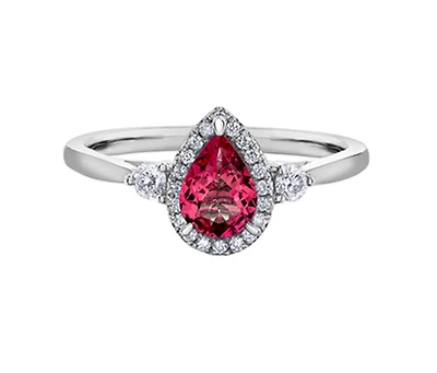 14K White Gold Genuine Pear Shape Ruby and 0.21cttw Canadian Diamond Ring, 6.5