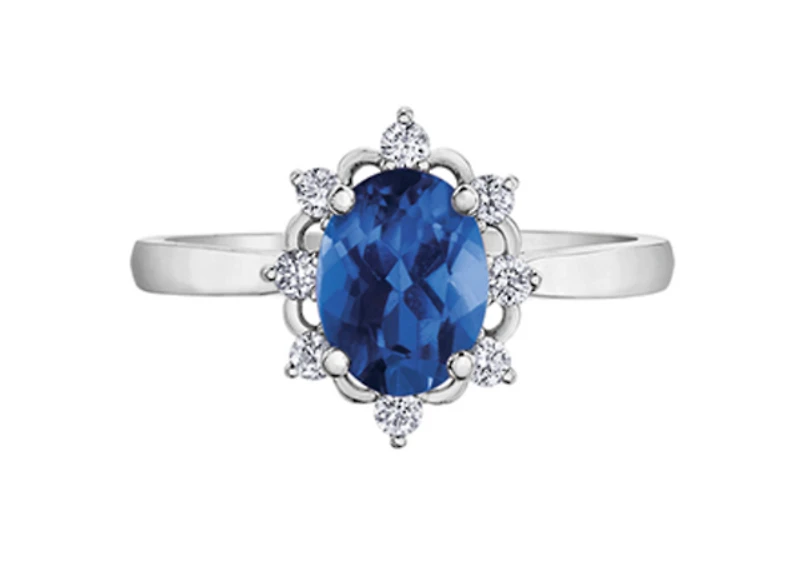14K White Gold Oval Blue Sapphire & 0.16cttw Canadian Diamond Ring, 6.5