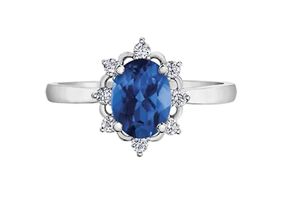 14K White Gold Oval Blue Sapphire & 0.16cttw Canadian Diamond Ring, 6.5
