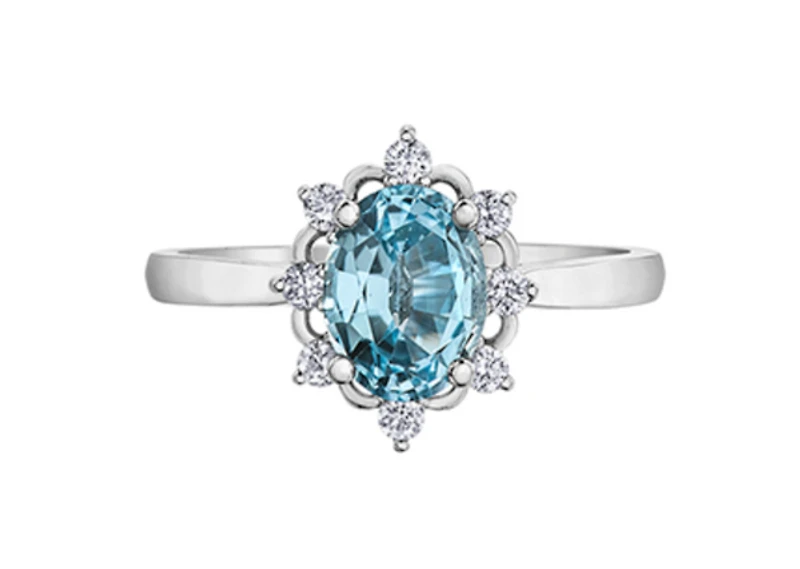 14K White Gold Genuine Oval Aquamarine and 0.16cttw Canadian Diamond Ring, 6.5