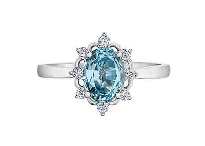 14K White Gold Genuine Oval Aquamarine and 0.16cttw Canadian Diamond Ring, 6.5