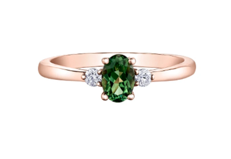 14K Rose Gold Oval Green Sapphire & 0.08cttw Canadian Diamond Ring, 6.5