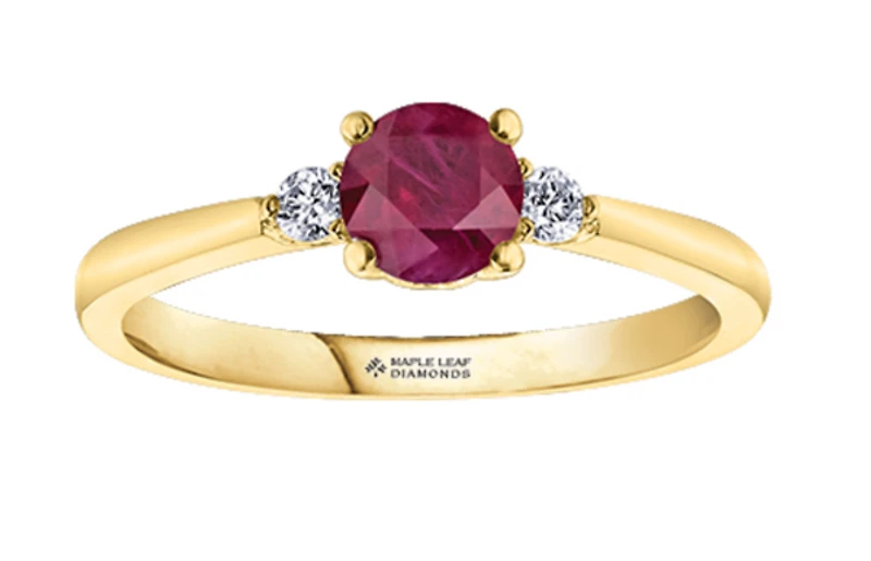 14K Yellow Gold Genuine Round Ruby and 0.08cttw Canadian Diamond Ring, 6.5