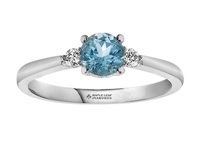 14K White Gold Genuine Round Aquamarine and 0.08cttw Canadian Diamond Ring, 6.5