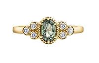 14K Yellow Gold Oval Green Sapphire & 0.14cttw Canadian Diamond Ring, 6.5
