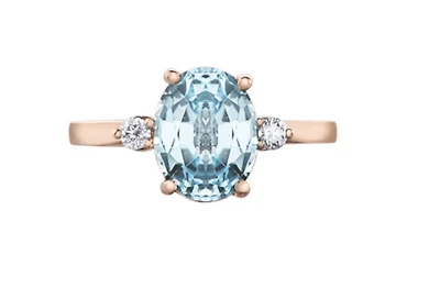 14K Rose Gold Genuine Aquamarine and 0.08cttw Canadian Diamond Ring, 6.5