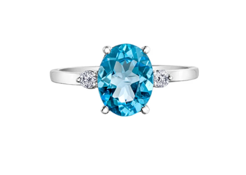 14K White Gold Genuine Blue Topaz and 0.08cttw Canadian Diamond Ring - / 4.5
