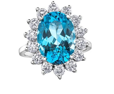 14K White Gold Genuine Blue Topaz and 0.84cttw Canadian Diamond Ring, 6.5