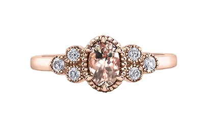 14K Rose Gold Genuine Oval Morganite & 0.14cttw Canadian Diamond Ring, 6.5